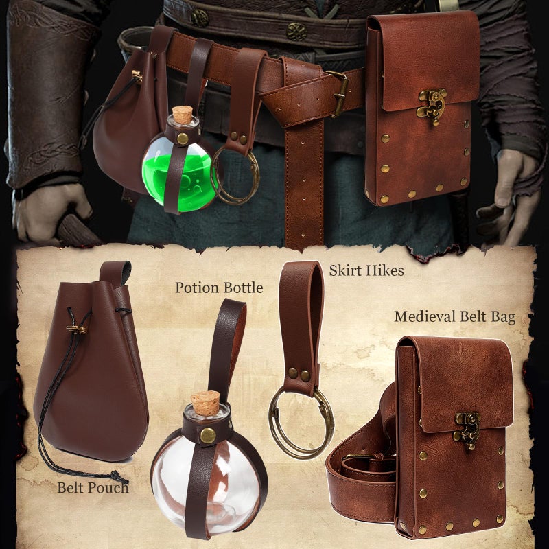 SUMGOGO 5 PCS Belt Pouch Waist Bag Retro Medieval Viking Leather Belt Magic Potion Bottle Renaissance Halloween Cosplay Costume Sets (Brown) - Image 2